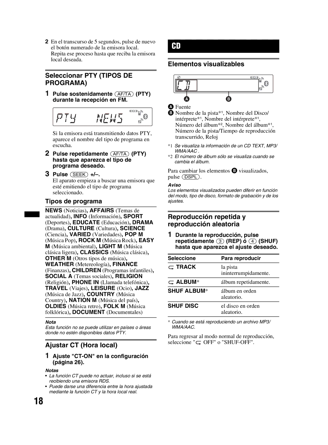 Sony MEX-BT3800U manual Seleccionar PTY Tipos DE Programa, Tipos de programa, Ajustar CT Hora local 