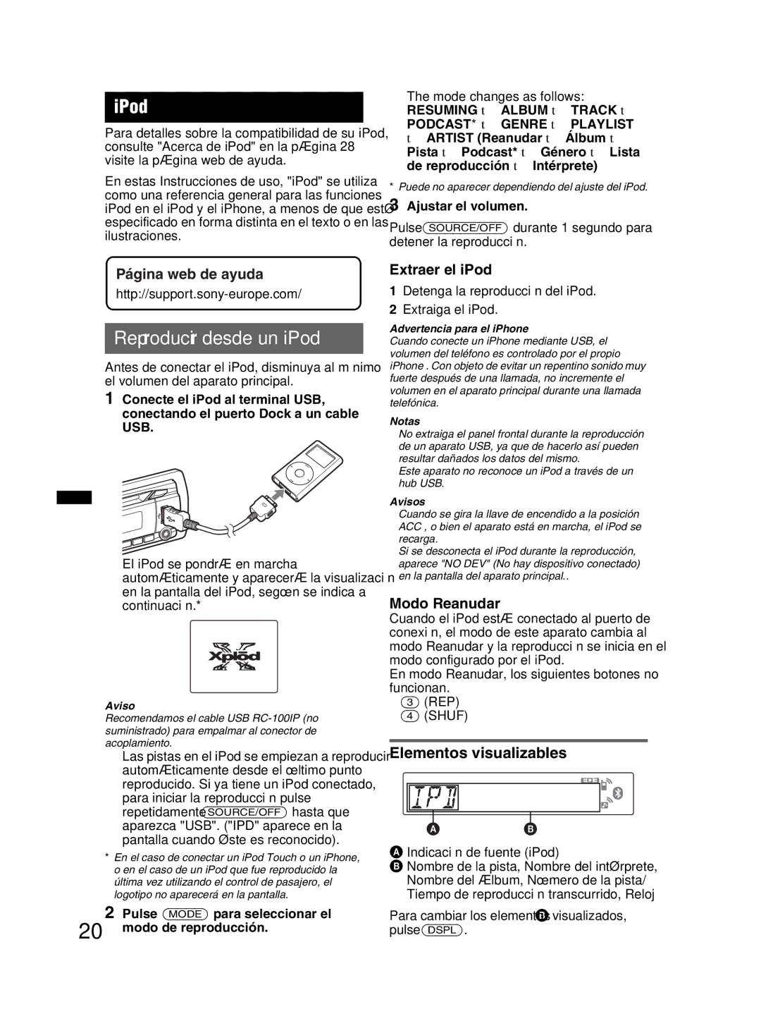 Sony MEX-BT3800U manual IPod, Reproducir desde un iPod, Extraer el iPod, Modo Reanudar 