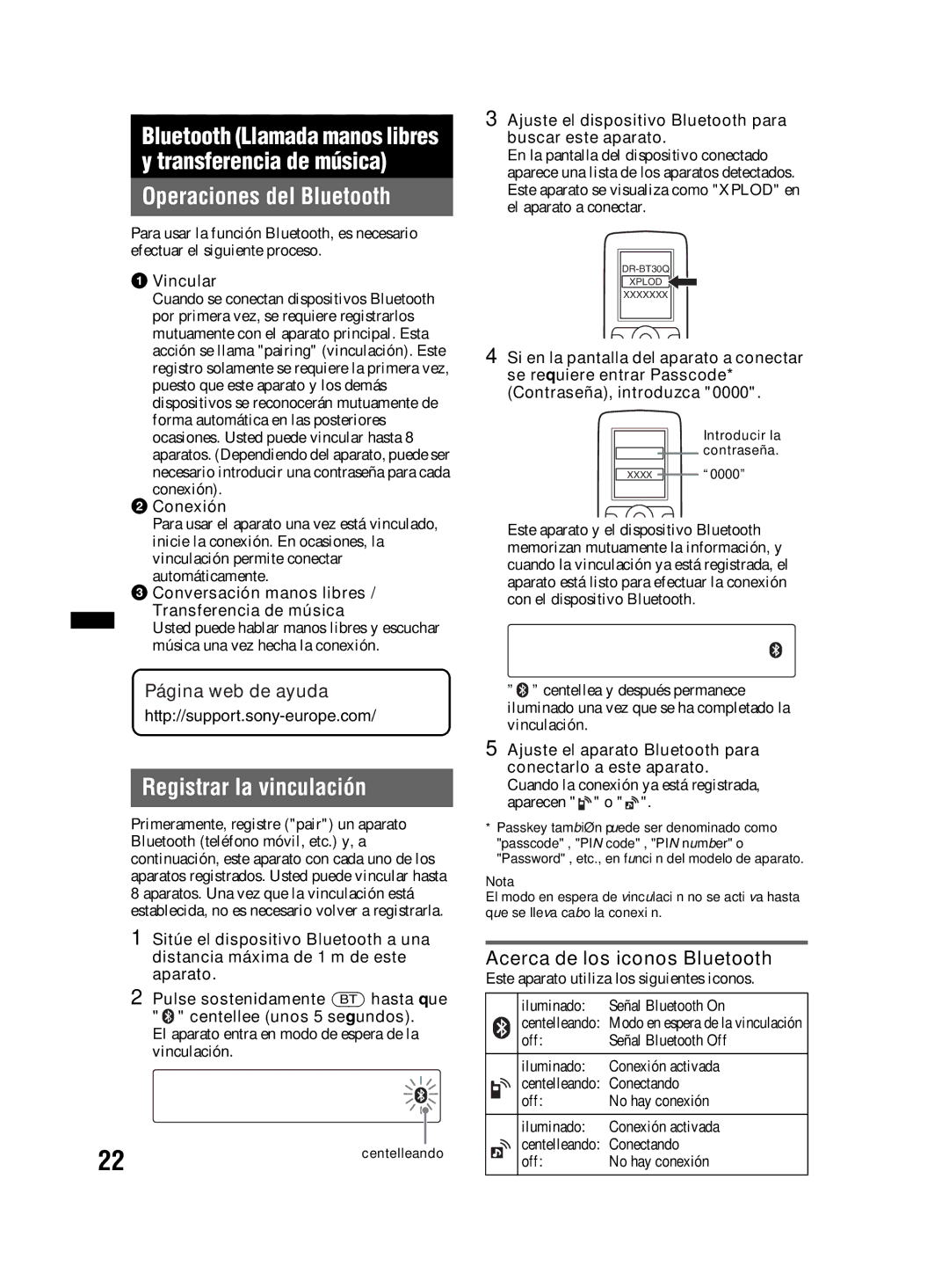 Sony MEX-BT3800U manual Operaciones del Bluetooth, Registrar la vinculación, Acerca de los iconos Bluetooth 