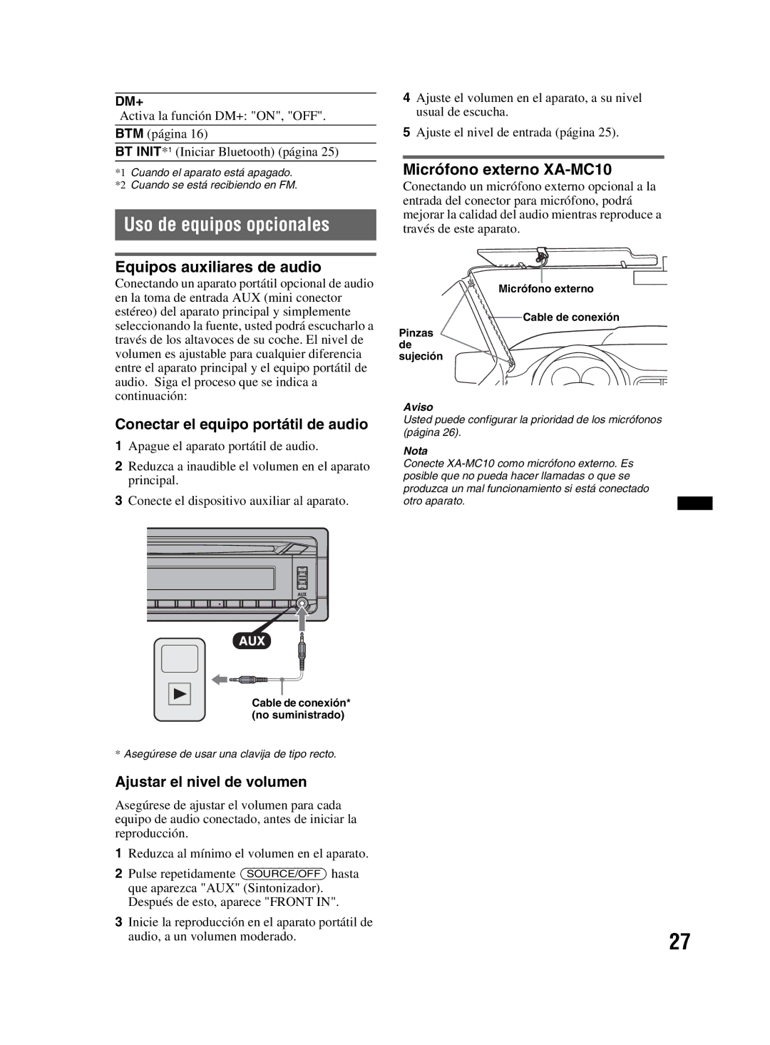 Sony MEX-BT3800U manual Uso de equipos opcionales, Equipos auxiliares de audio, Conectar el equipo portátil de audio 