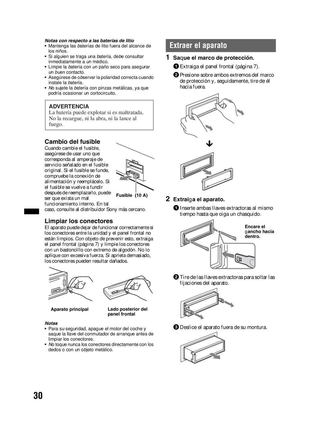 Sony MEX-BT3800U manual Extraer el aparato, Limpiar los conectores, Saque el marco de protección, Extraiga el aparato 