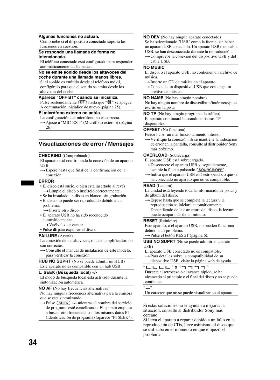 Sony MEX-BT3800U manual Visualizaciones de error / Mensajes, Error 