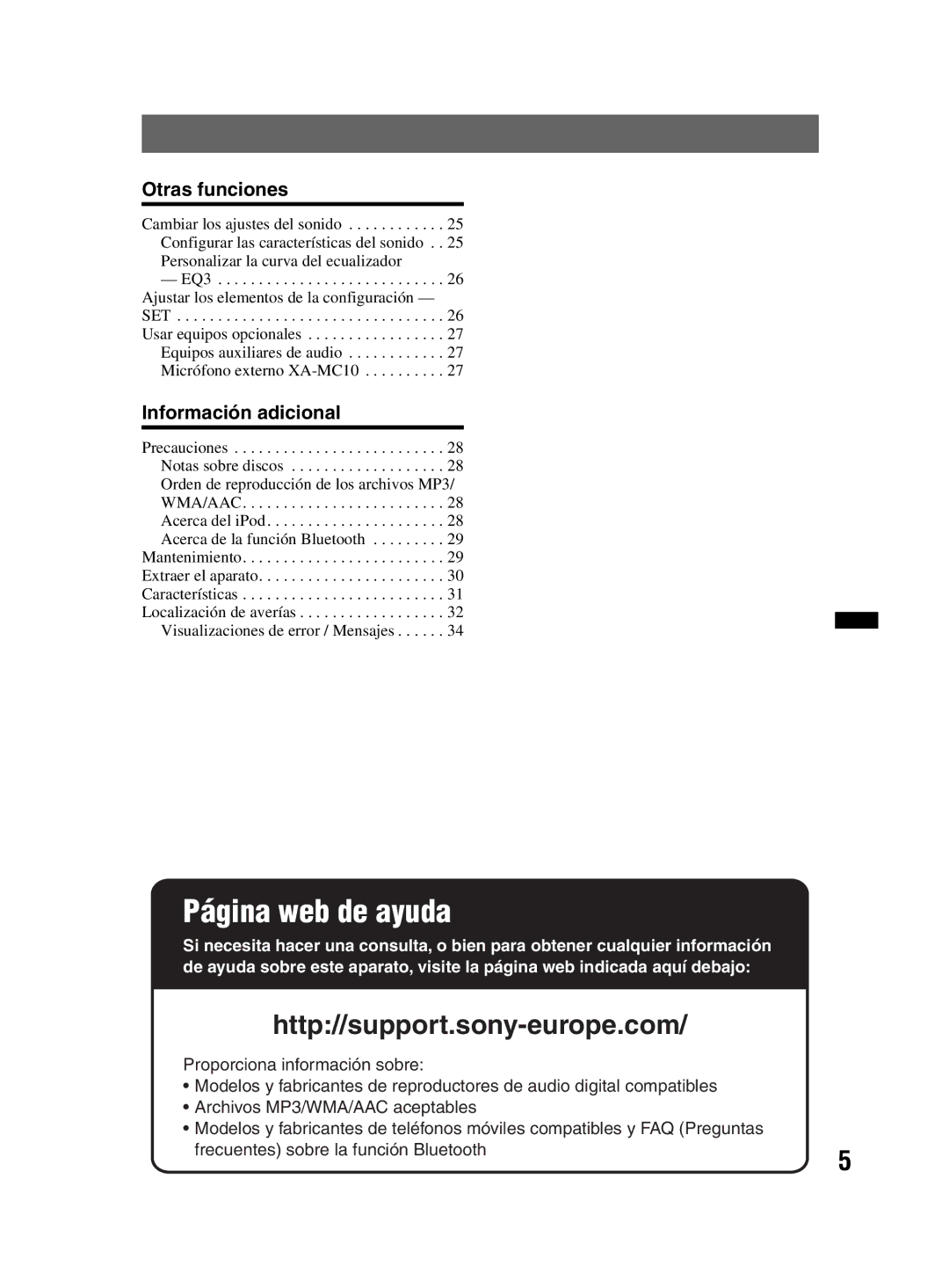 Sony MEX-BT3800U manual Otras funciones, Información adicional 