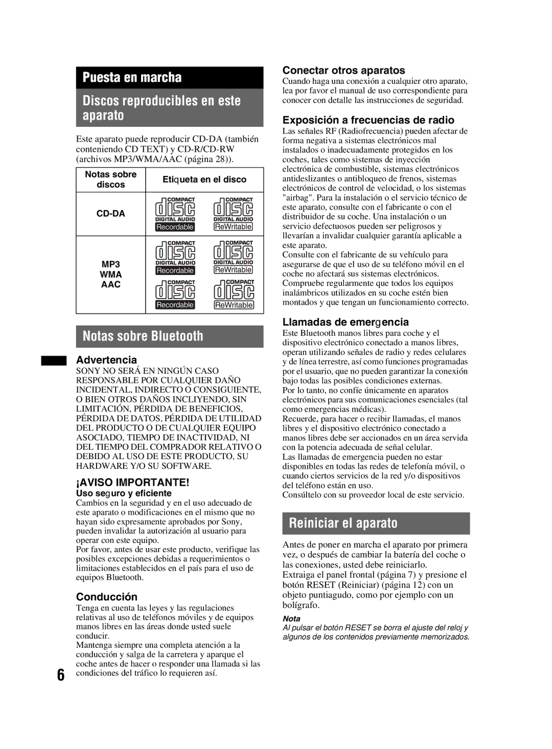 Sony MEX-BT3800U manual Puesta en marcha Discos reproducibles en este aparato, Notas sobre Bluetooth, Reiniciar el aparato 