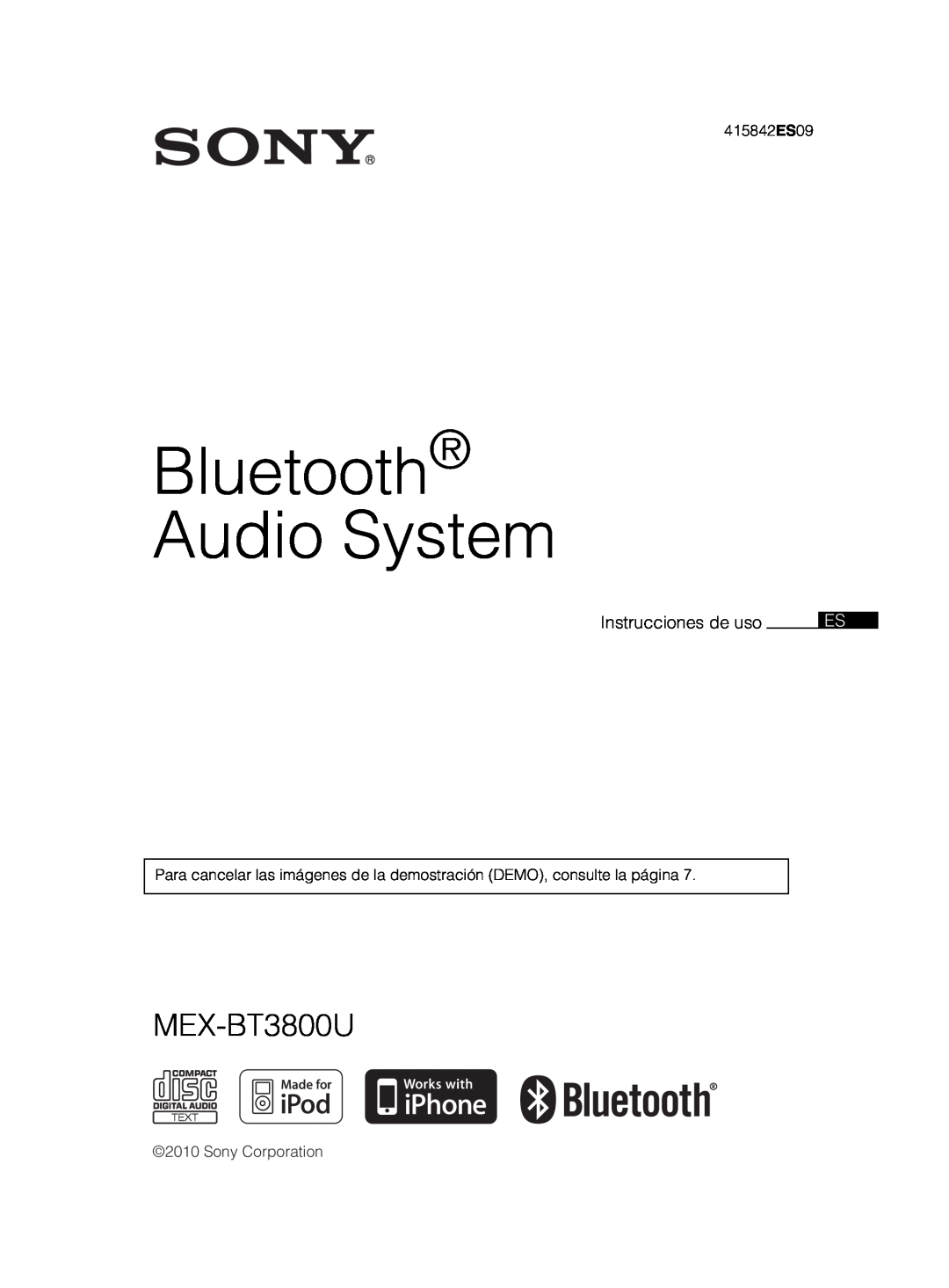 Sony MEX-BT3800U manual Bluetooth Audio System, Instrucciones de uso, 415842ES09, Sony Corporation 