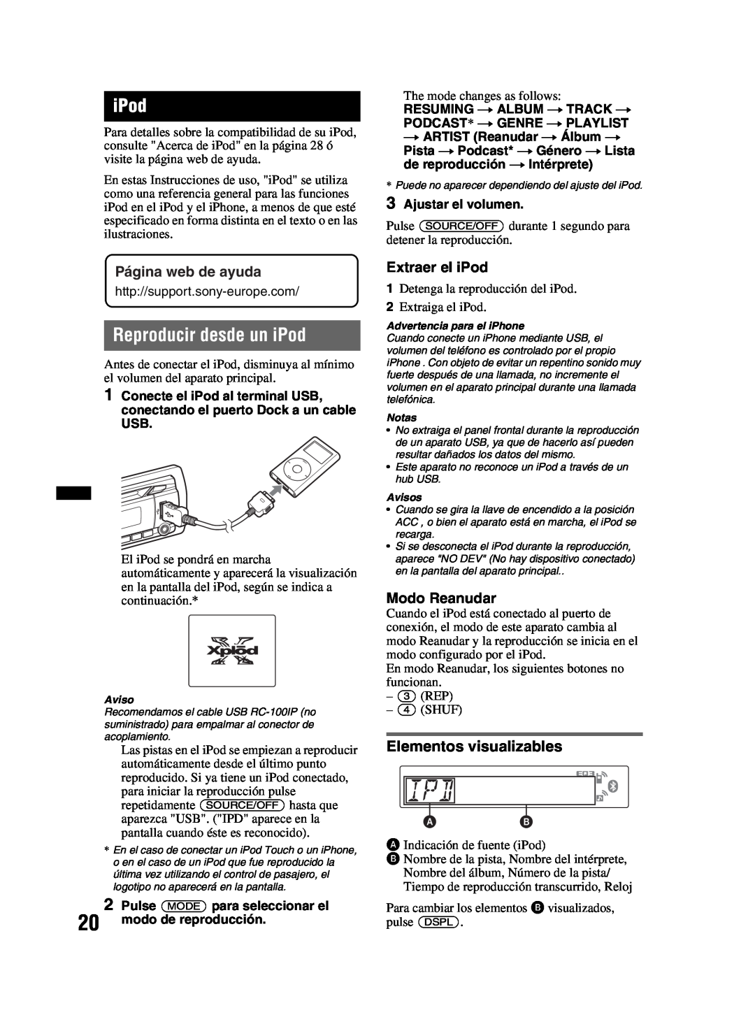 Sony MEX-BT3800U manual Reproducir desde un iPod, Extraer el iPod, Modo Reanudar, Página web de ayuda 