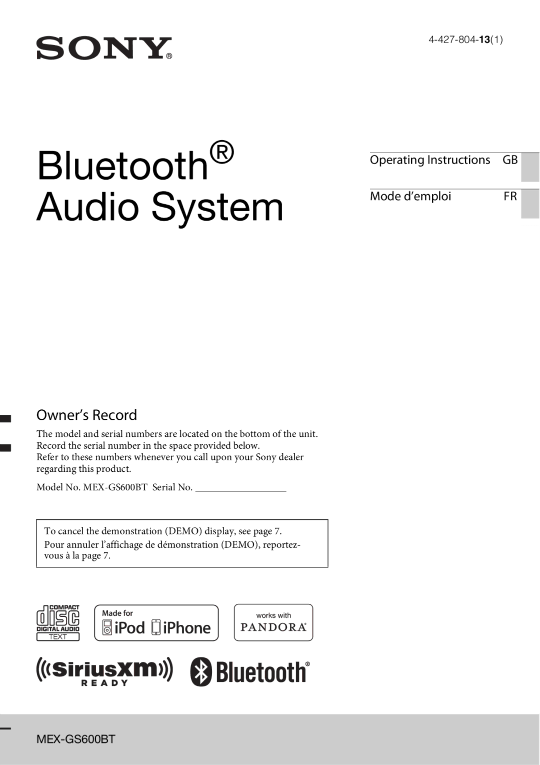 Sony MEX-GS600BT operating instructions Bluetooth Audio System 