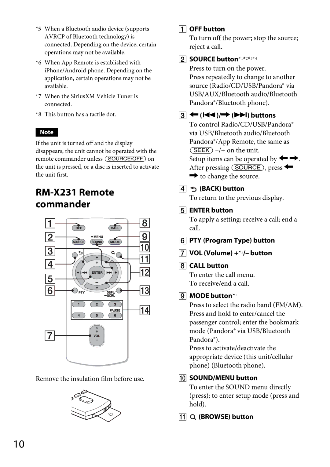 Sony MEX-GS600BT operating instructions RM-X231 Remote commander 