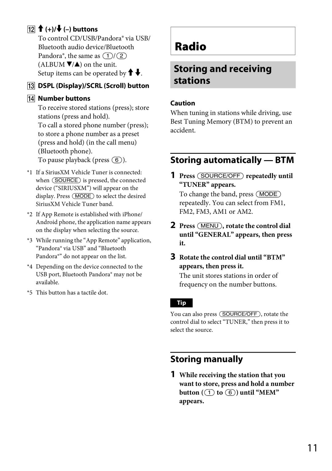 Sony MEX-GS600BT operating instructions Radio, Storing and receiving stations, Storing automatically BTM, Storing manually 