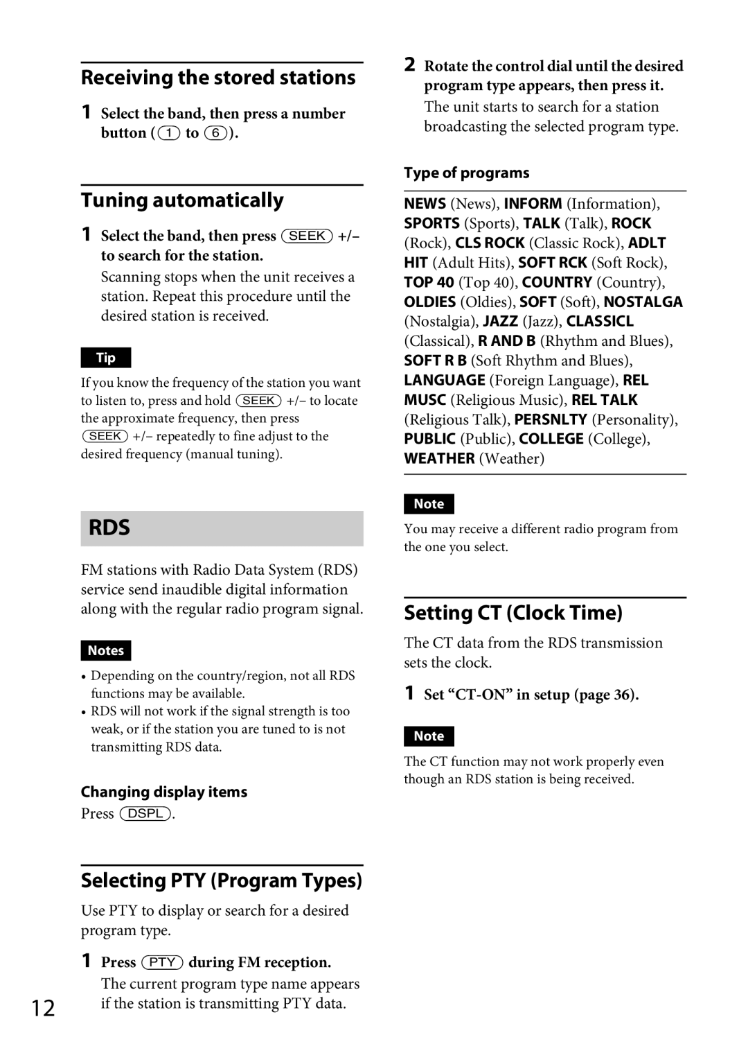 Sony MEX-GS600BT Receiving the stored stations, Tuning automatically, Selecting PTY Program Types, Setting CT Clock Time 