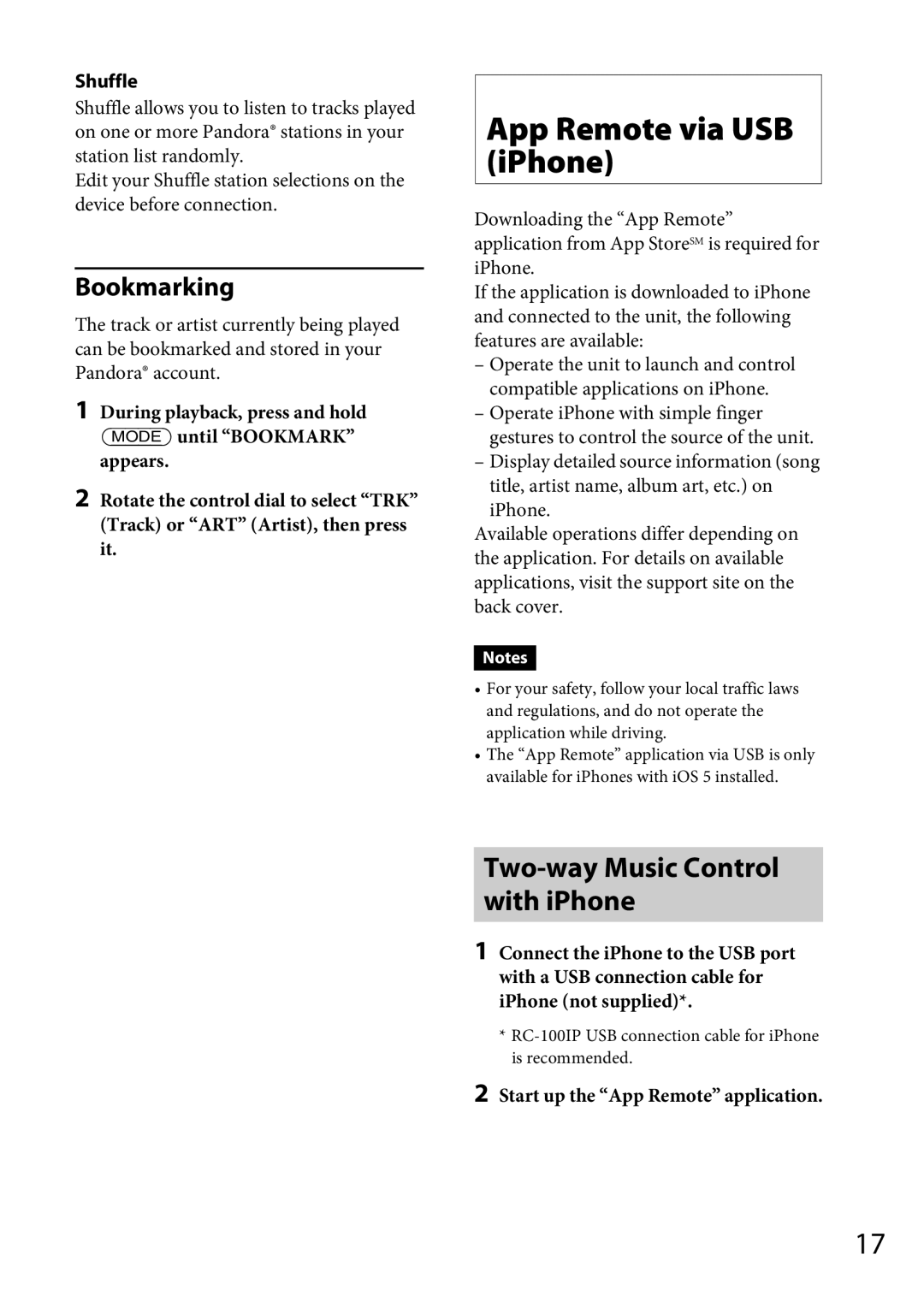 Sony MEX-GS600BT operating instructions App Remote via USB iPhone, Two-way Music Control with iPhone, Bookmarking, Shuffle 