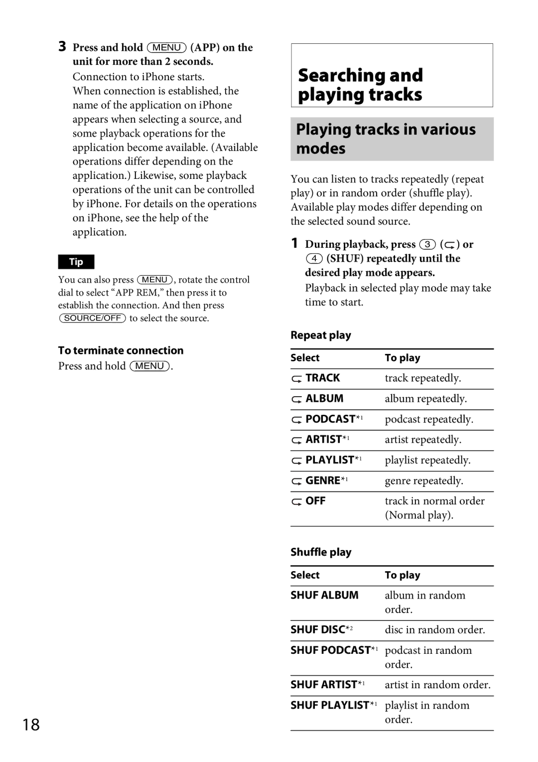 Sony MEX-GS600BT operating instructions Searching and playing tracks, Playing tracks in various modes 