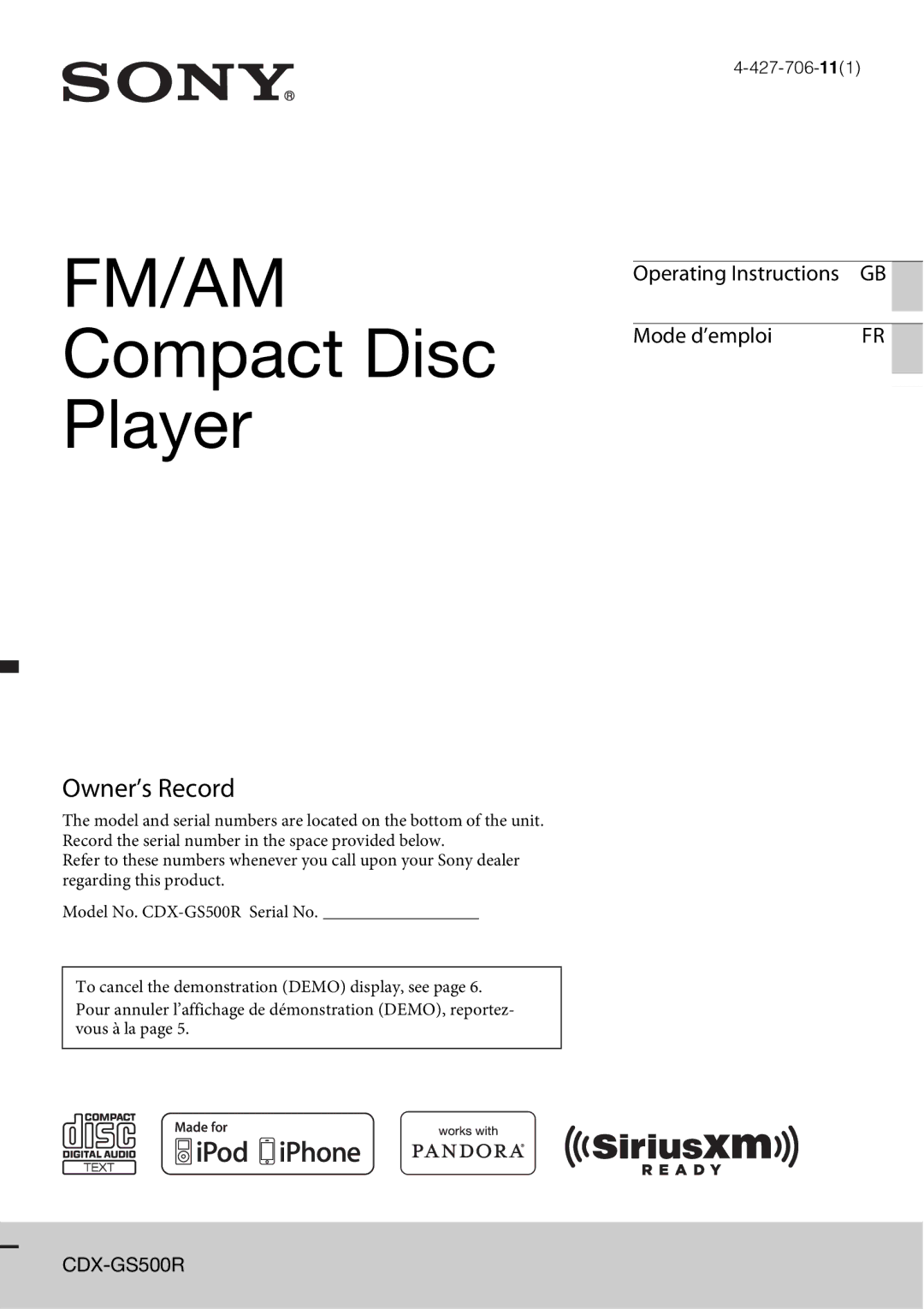 Sony MEX-GS600BT operating instructions Fm/Am 