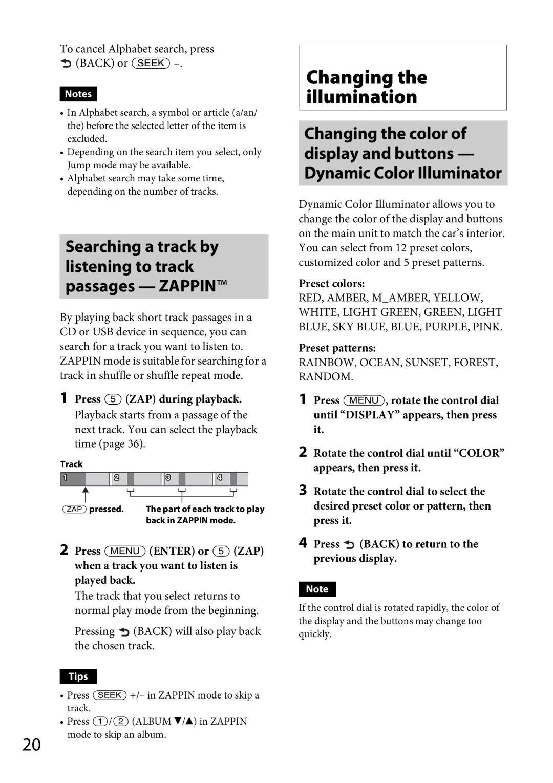 Sony MEX-GS600BT Changing the illumination, To cancel Alphabet search, press Back or , Press  ZAP during playback 