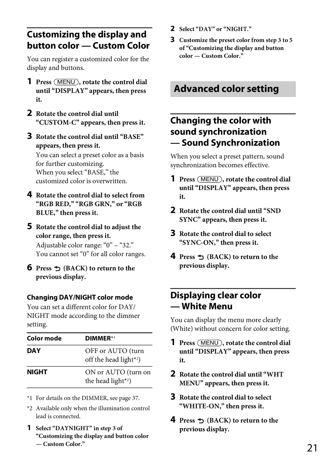 Sony MEX-GS600BT Advanced color setting, Sound Synchronization, Displaying clear color White Menu, Day, Night 