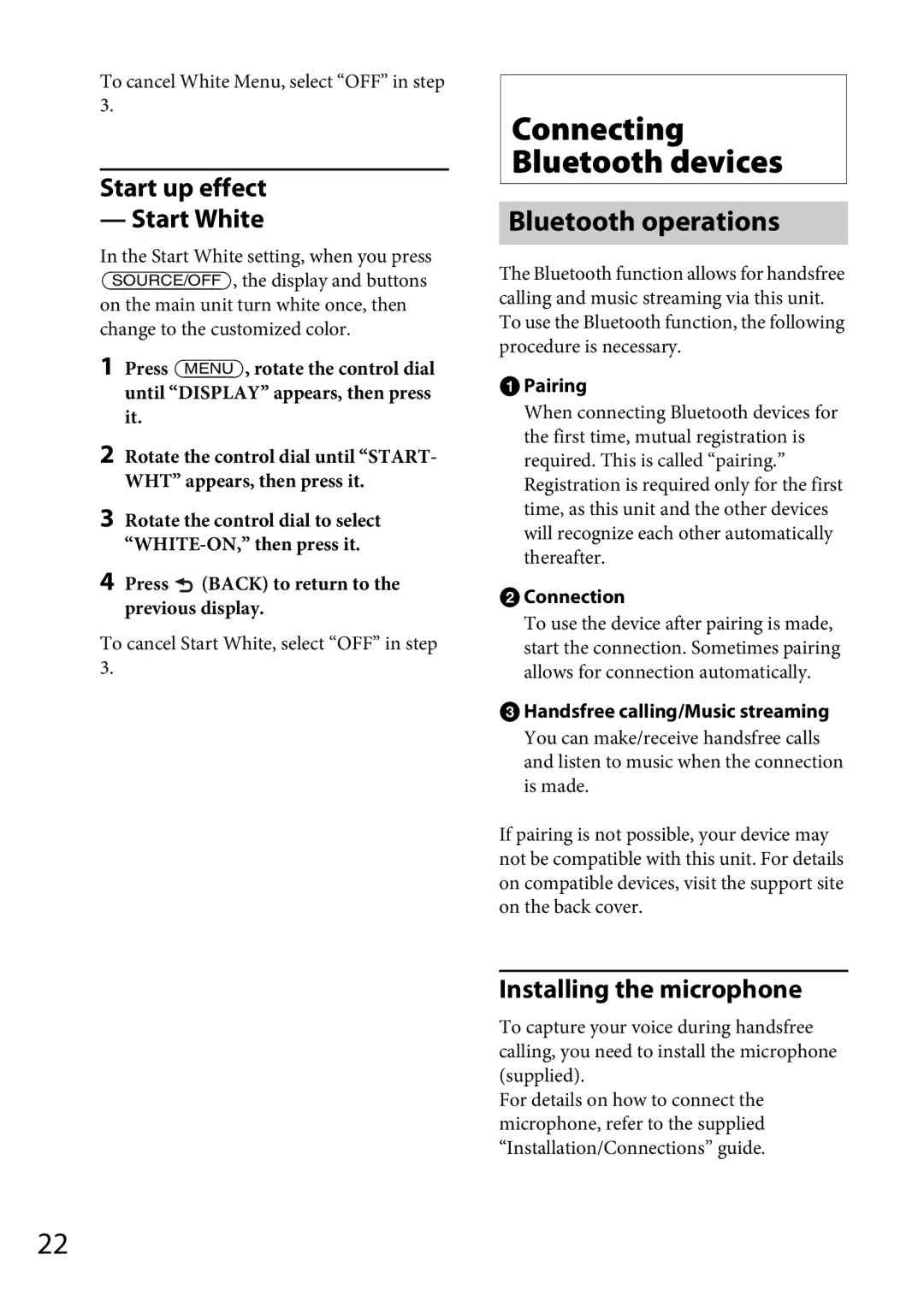 Sony MEX-GS600BT operating instructions Connecting Bluetooth devices, Bluetooth operations, Start up effect Start White 