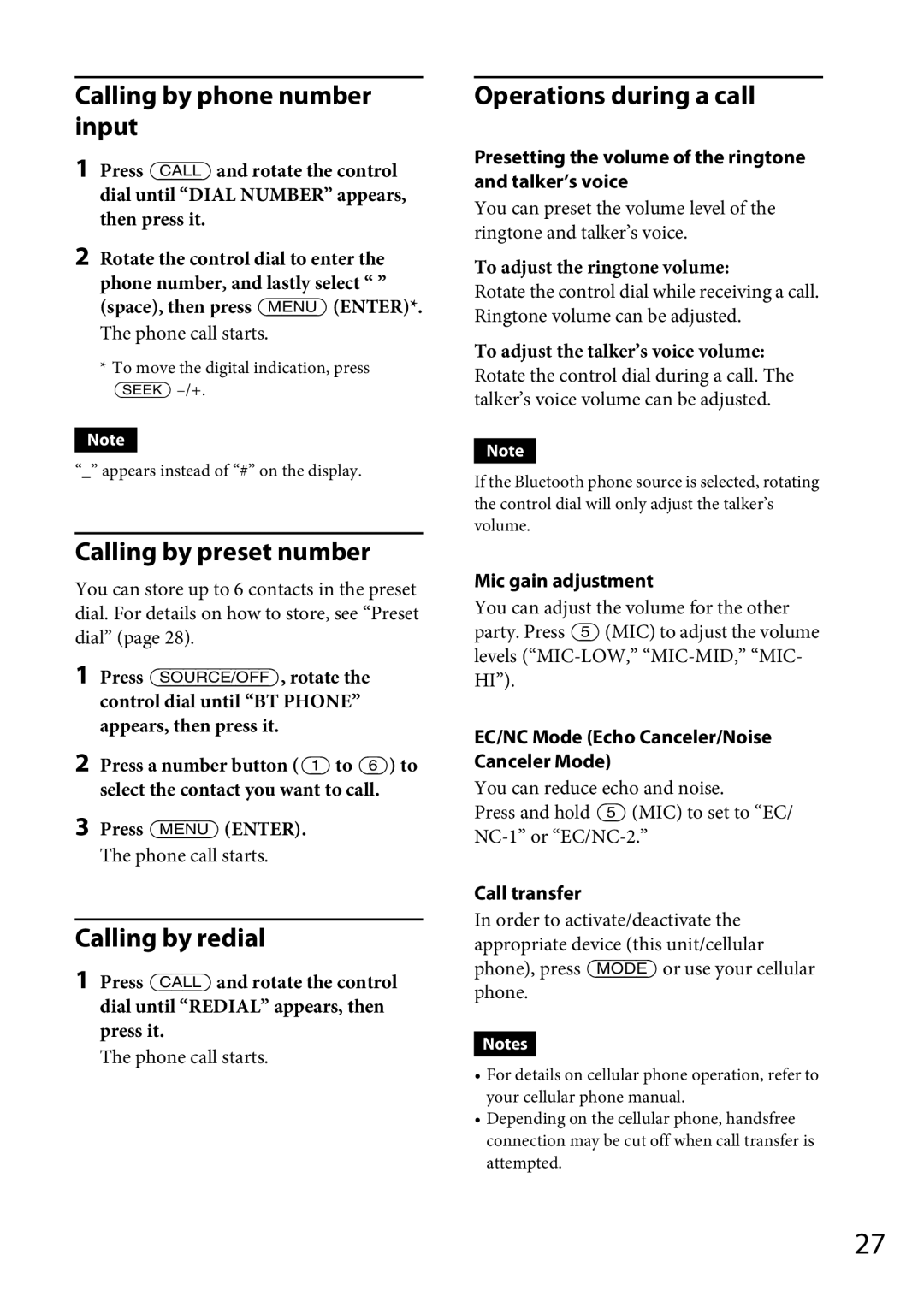 Sony MEX-GS600BT Calling by phone number input, Calling by preset number, Calling by redial, Operations during a call 