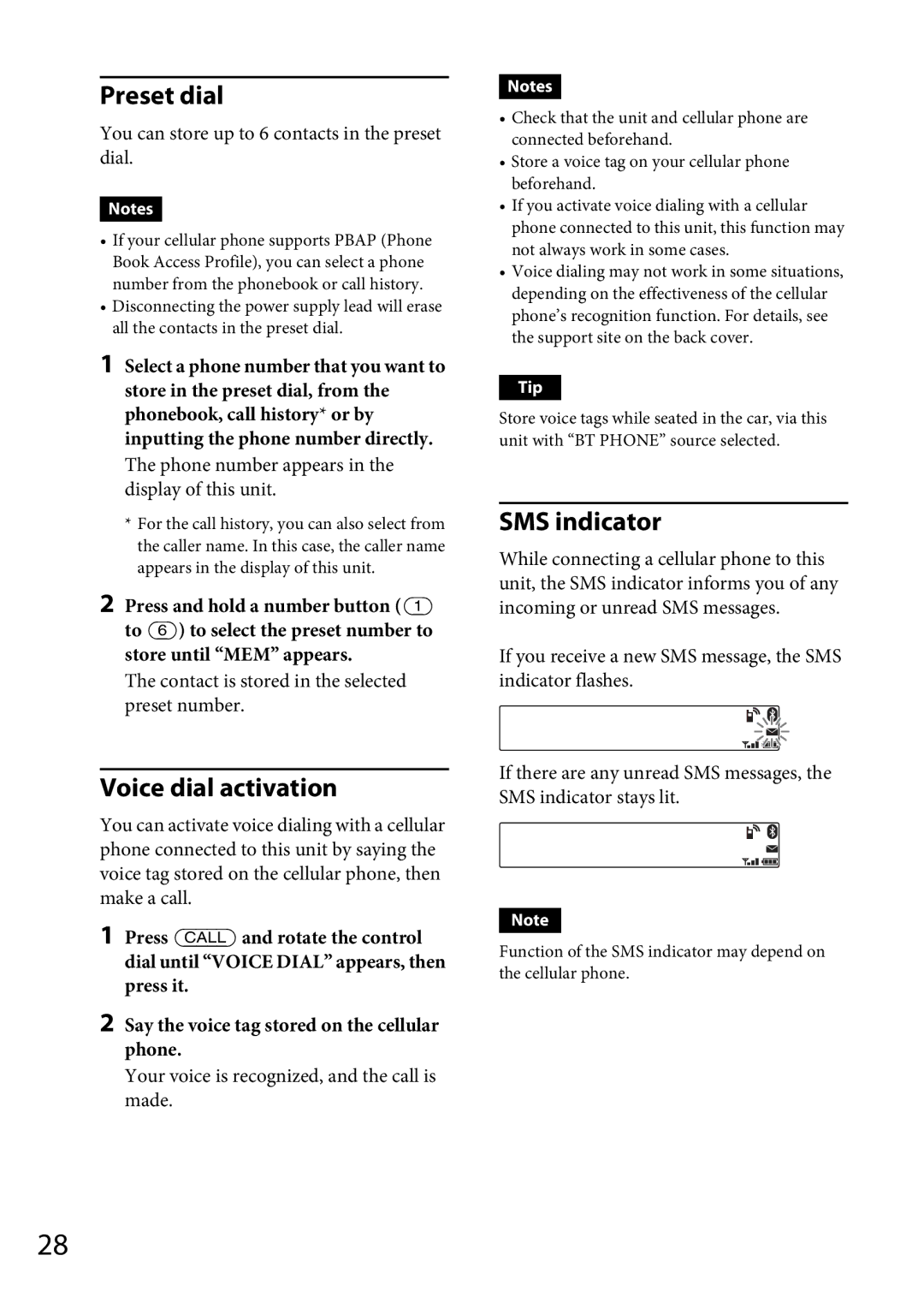 Sony MEX-GS600BT operating instructions Preset dial, Voice dial activation, SMS indicator 