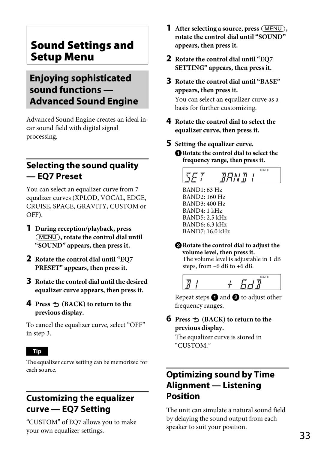 Sony MEX-GS600BT Sound Settings and Setup Menu, Selecting the sound quality EQ7 Preset, Setting the equalizer curve 