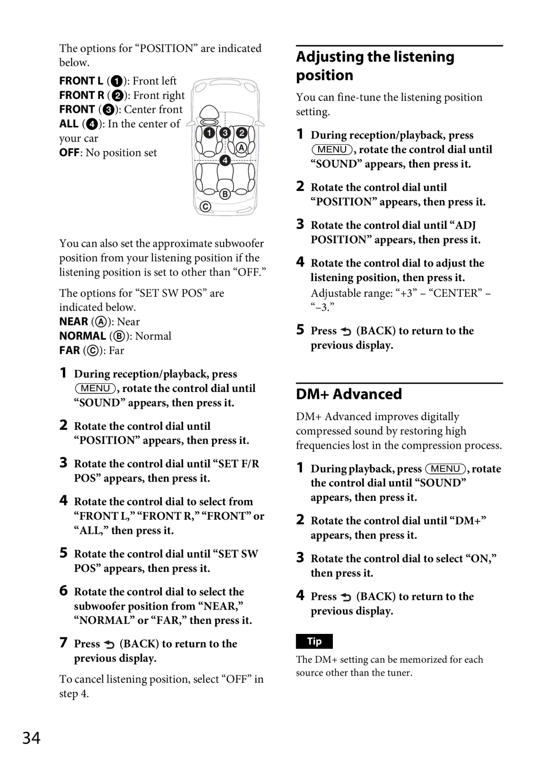 Sony MEX-GS600BT Adjusting the listening position, DM+ Advanced, To cancel listening position, select OFF in step 