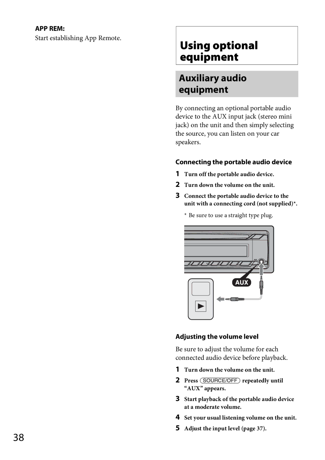 Sony MEX-GS600BT Using optional equipment, Auxiliary audio equipment, Start establishing App Remote 