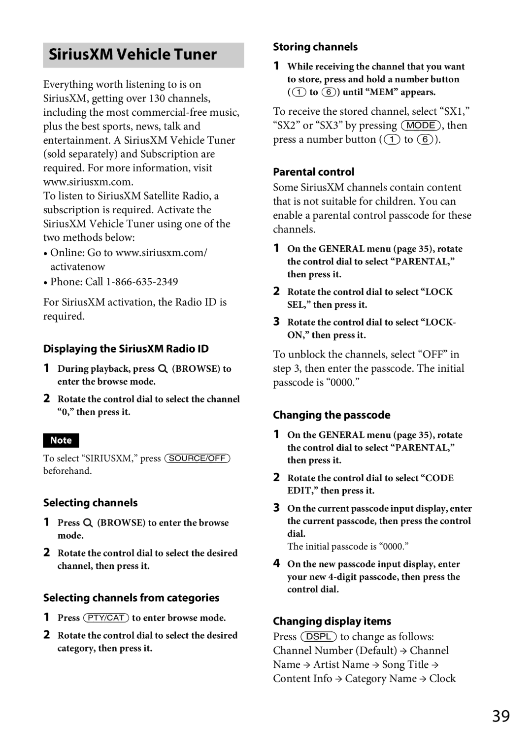 Sony MEX-GS600BT operating instructions SiriusXM Vehicle Tuner 