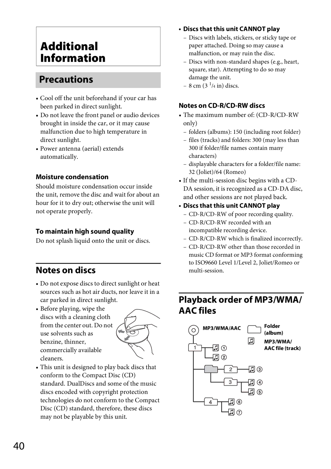 Sony MEX-GS600BT Additional Information, Precautions, Playback order of MP3/WMA/ AAC files, Moisture condensation 