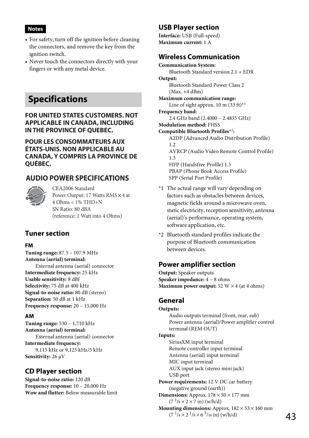 Sony MEX-GS600BT operating instructions Audio Power Specifications 