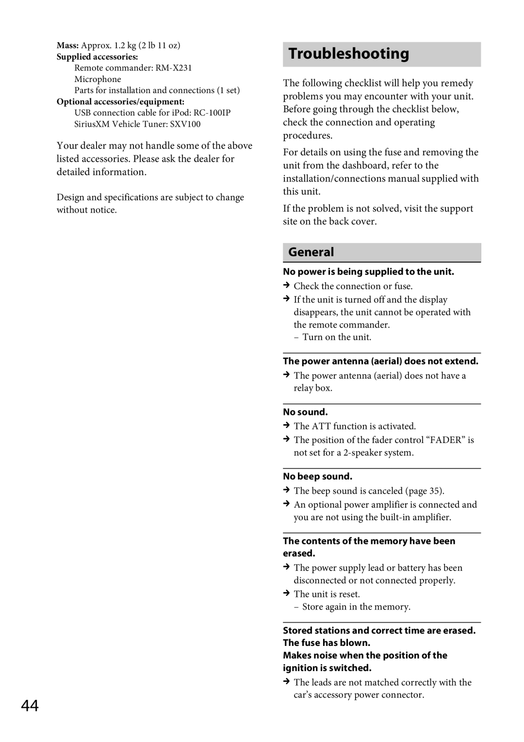 Sony MEX-GS600BT operating instructions Troubleshooting 