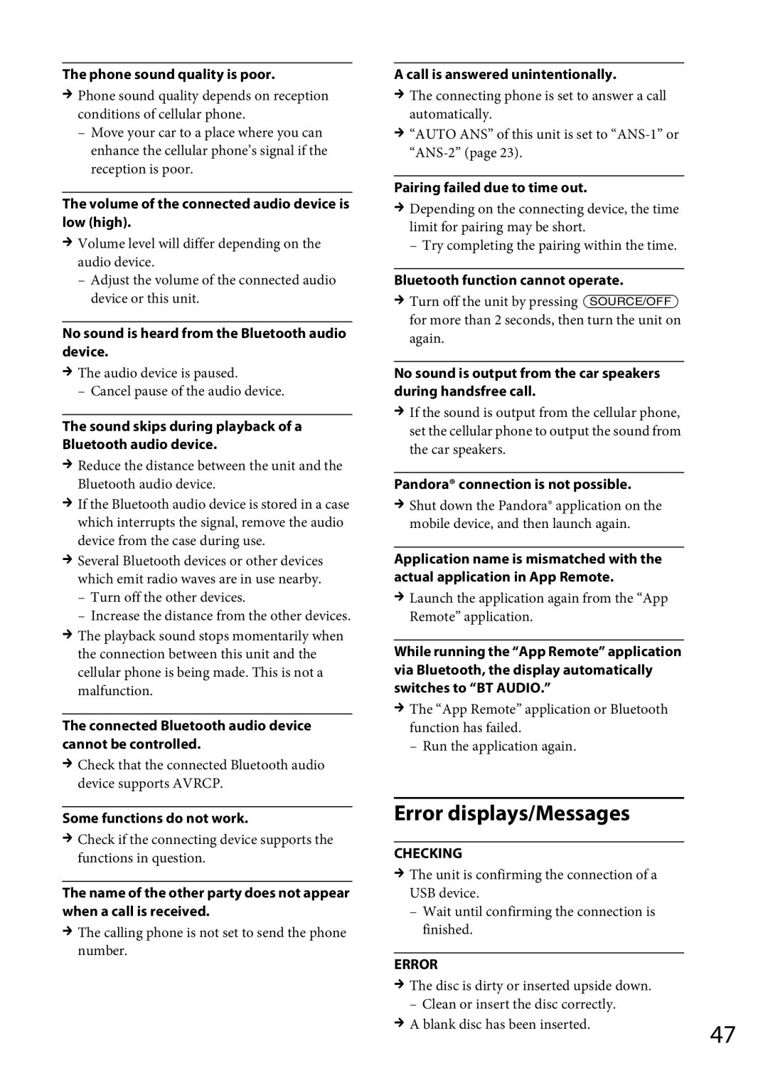 Sony MEX-GS600BT operating instructions Error displays/Messages 