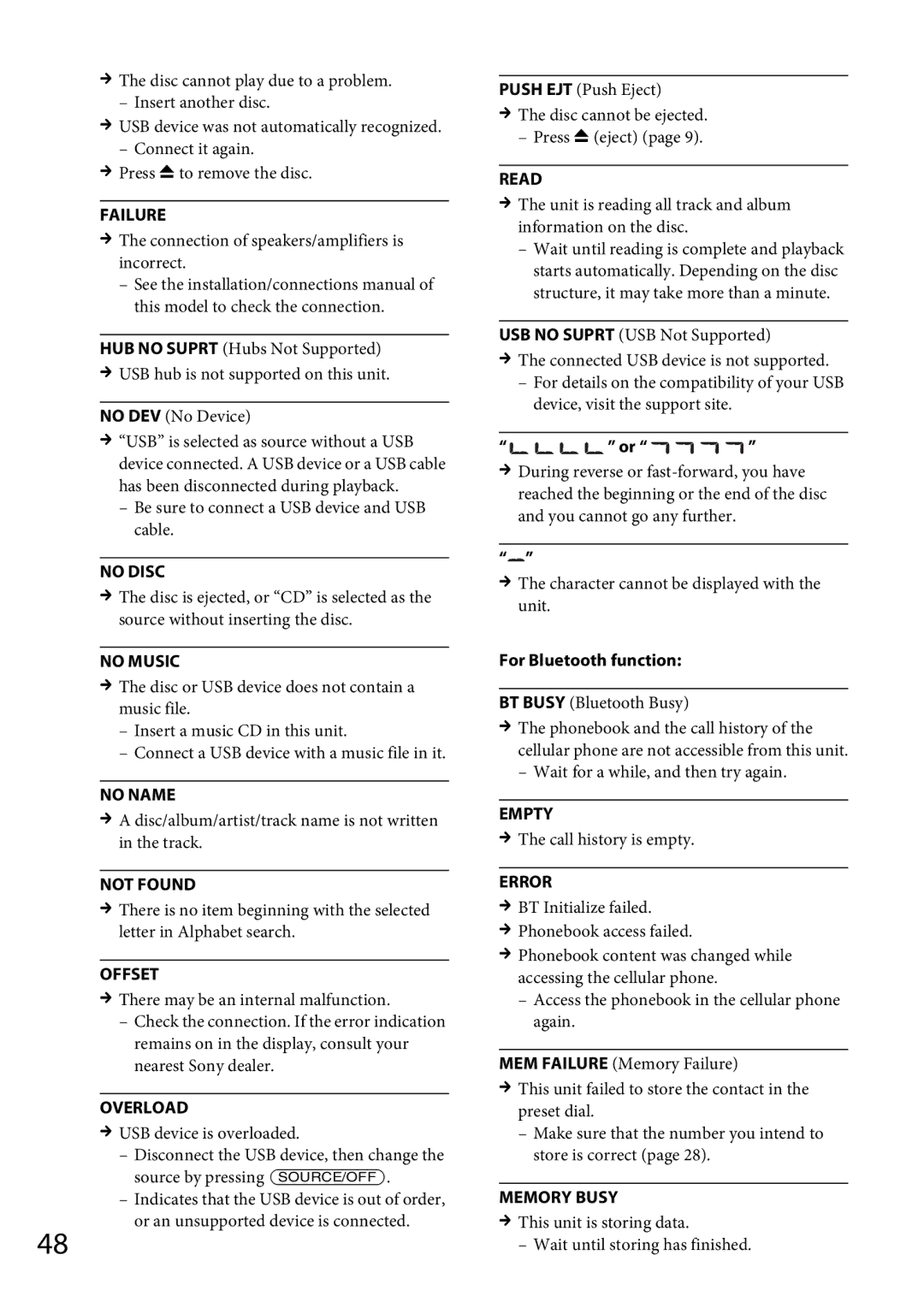 Sony MEX-GS600BT operating instructions Failure, For Bluetooth function 