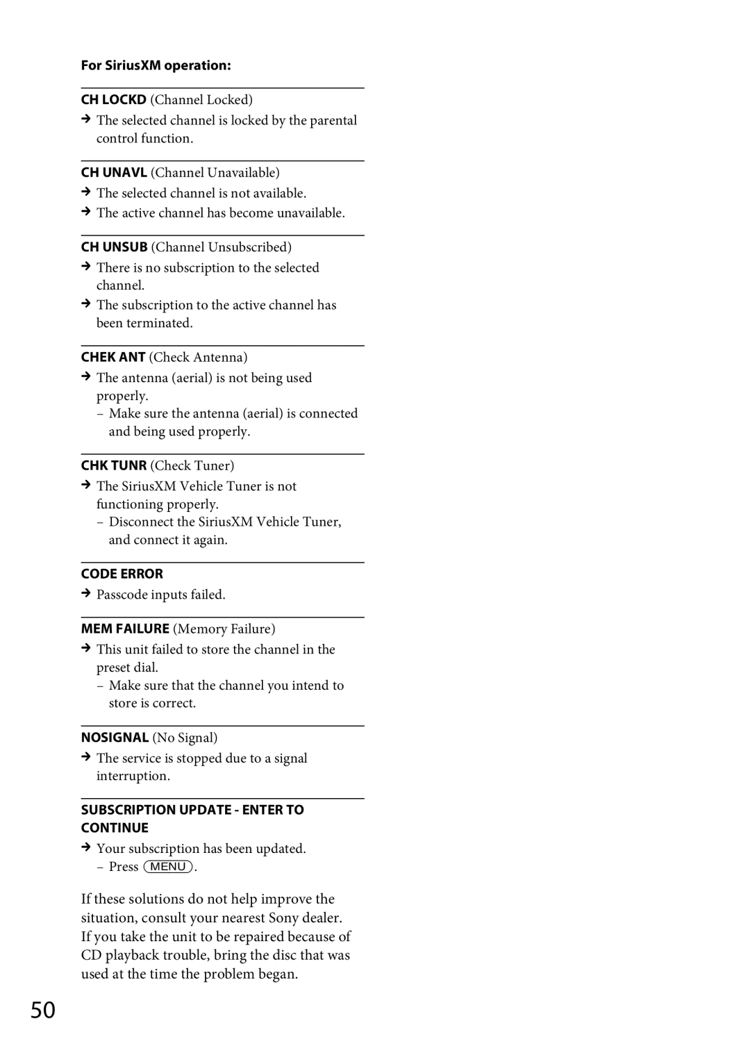 Sony MEX-GS600BT operating instructions For SiriusXM operation, Code Error 