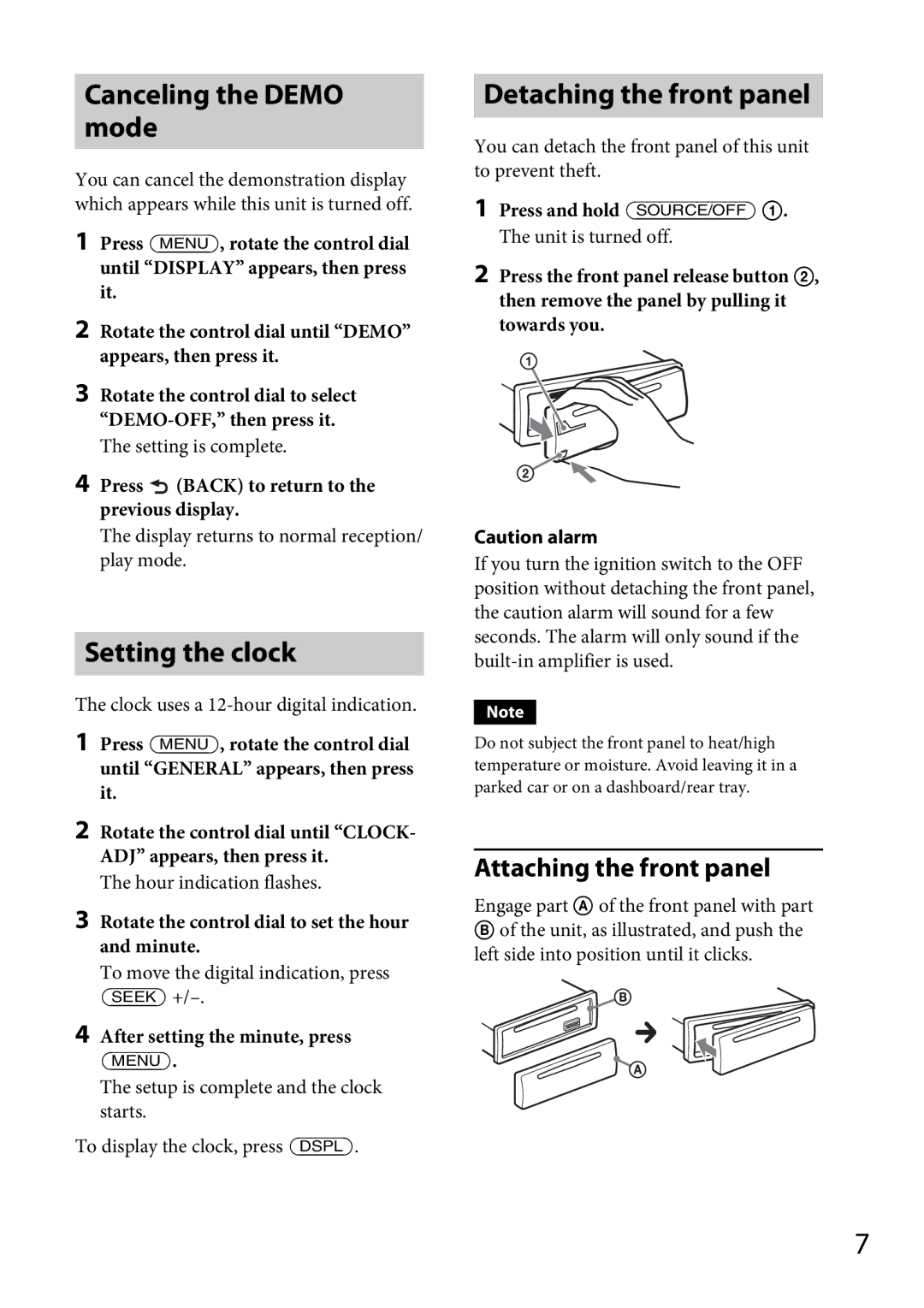 Sony MEX-GS600BT Canceling the Demo mode, Setting the clock, Detaching the front panel, Attaching the front panel 