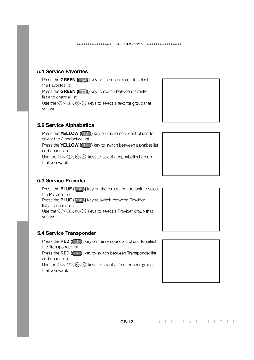 Sony MF68-00258A manual Service Favorites, Service Alphabetical, Service Provider, Service Transponder 