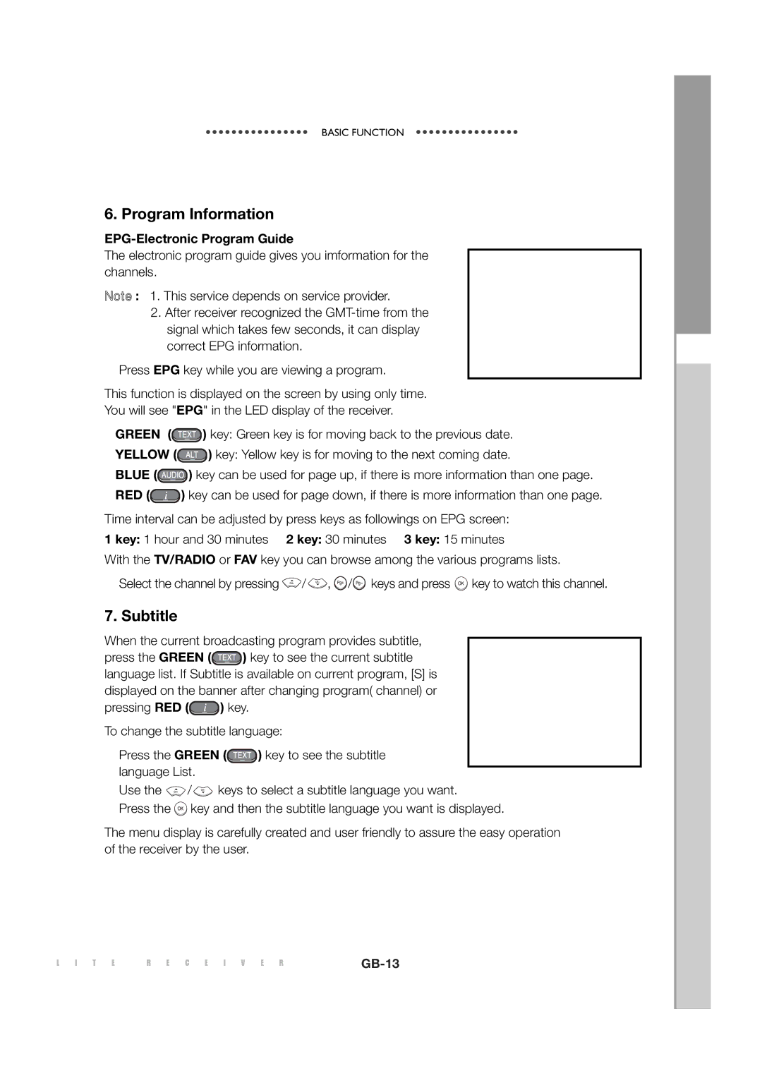 Sony MF68-00258A manual Program Information, Subtitle, EPG-Electronic Program Guide, Blue RED 