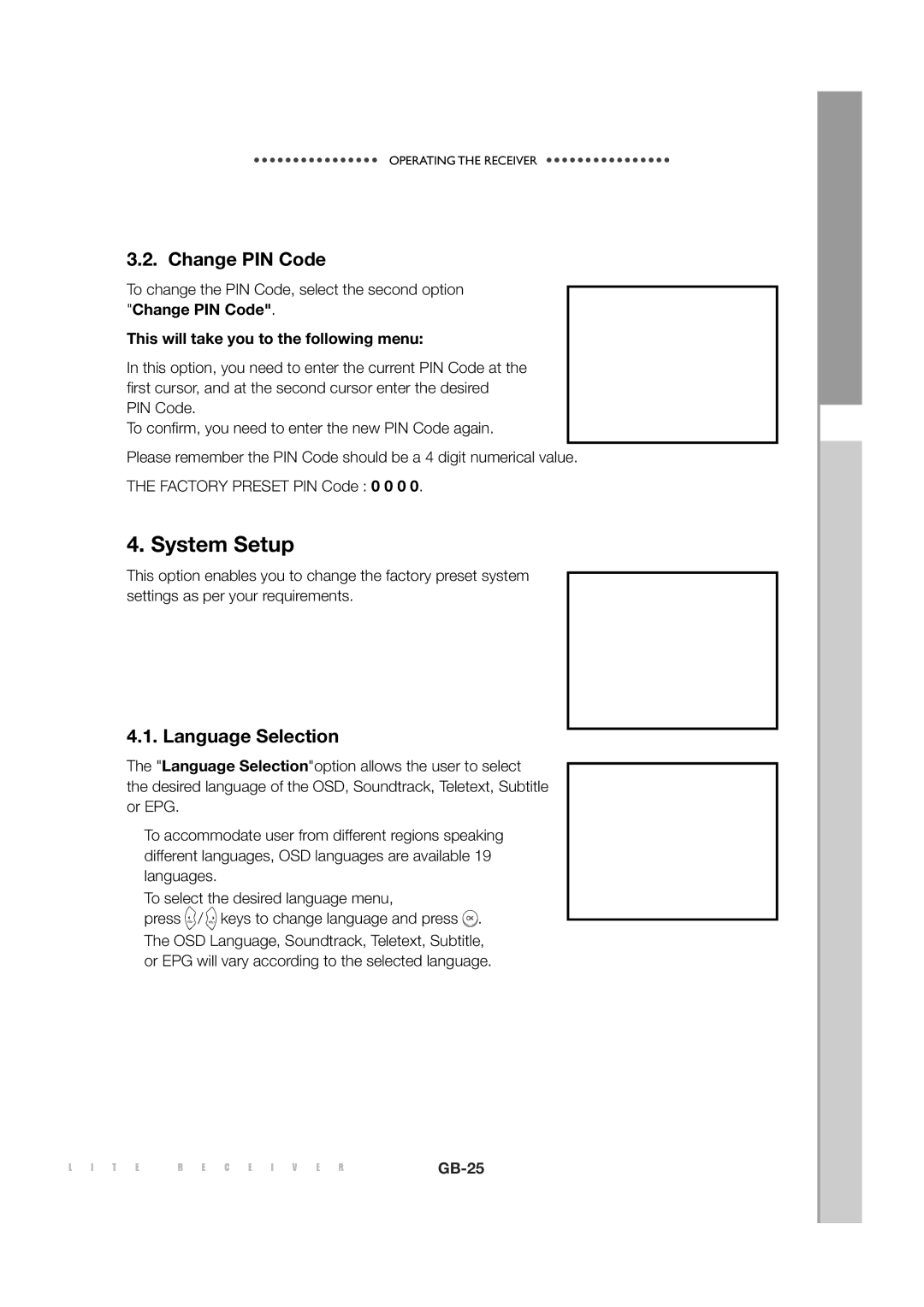 Sony MF68-00258A manual System Setup, Change PIN Code, Language Selection 