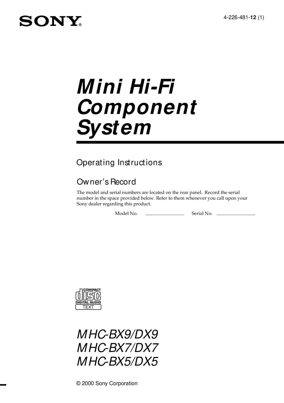 Sony MHC-DX7, MHC-BX9, MHC-DX9, MHC-DX5 manual Mini Hi-Fi Component System 