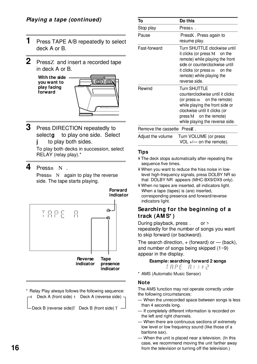Sony MHC-BX9, MHC-DX7, MHC-DX9, MHC-DX5 manual Playing a tape, Press nN, Searching for the beginning of a track AMS 