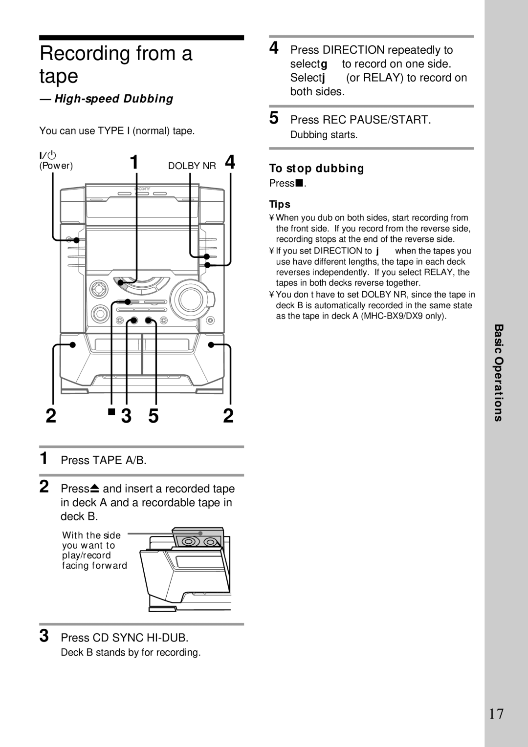 Sony MHC-DX7, MHC-BX9, MHC-DX9, MHC-DX5 manual Recording from a tape, High-speed Dubbing, To stop dubbing 