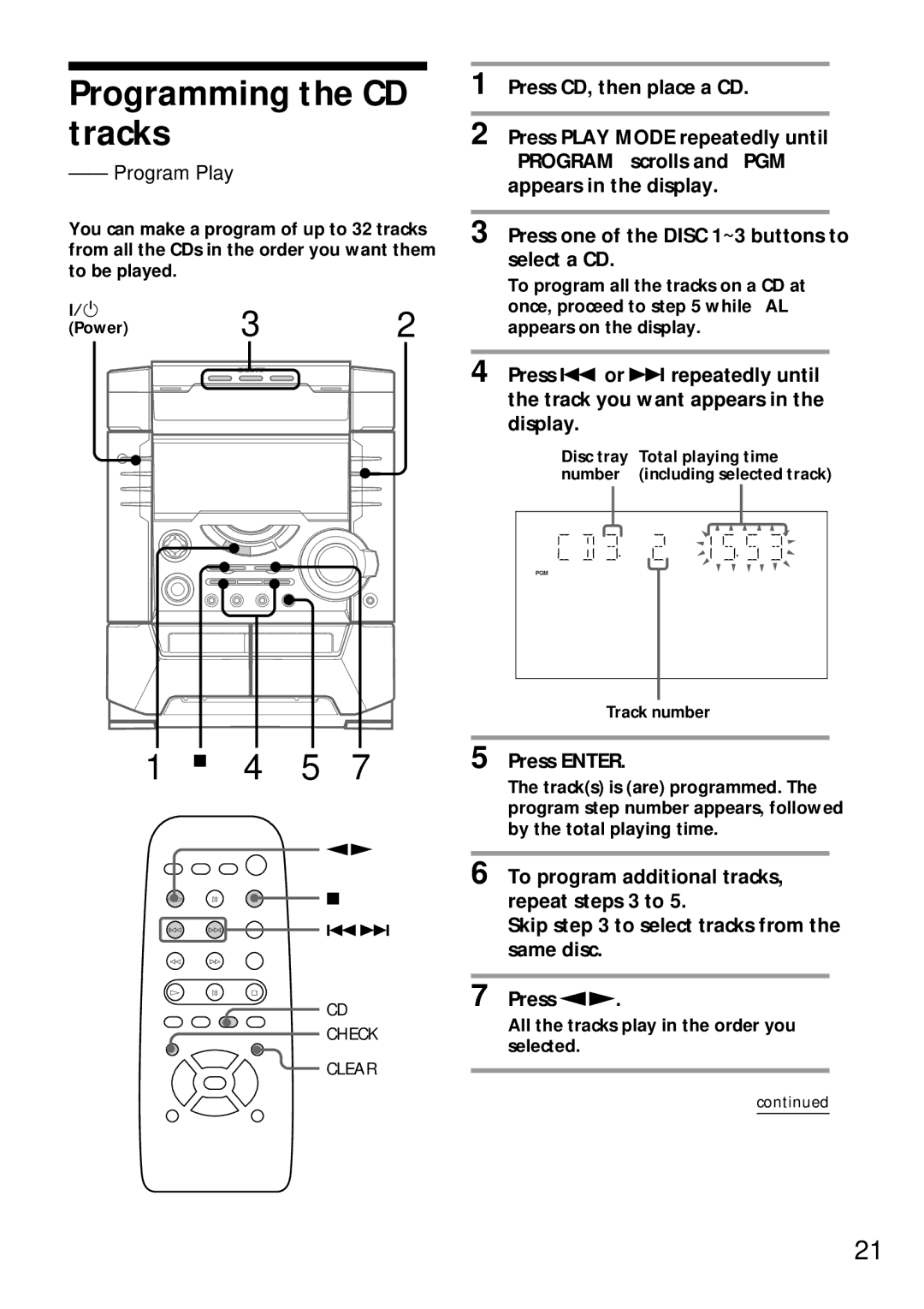 Sony MHC-DX7, MHC-BX9, MHC-DX9, MHC-DX5 manual Programming the CD tracks, 4 5, Program Play 