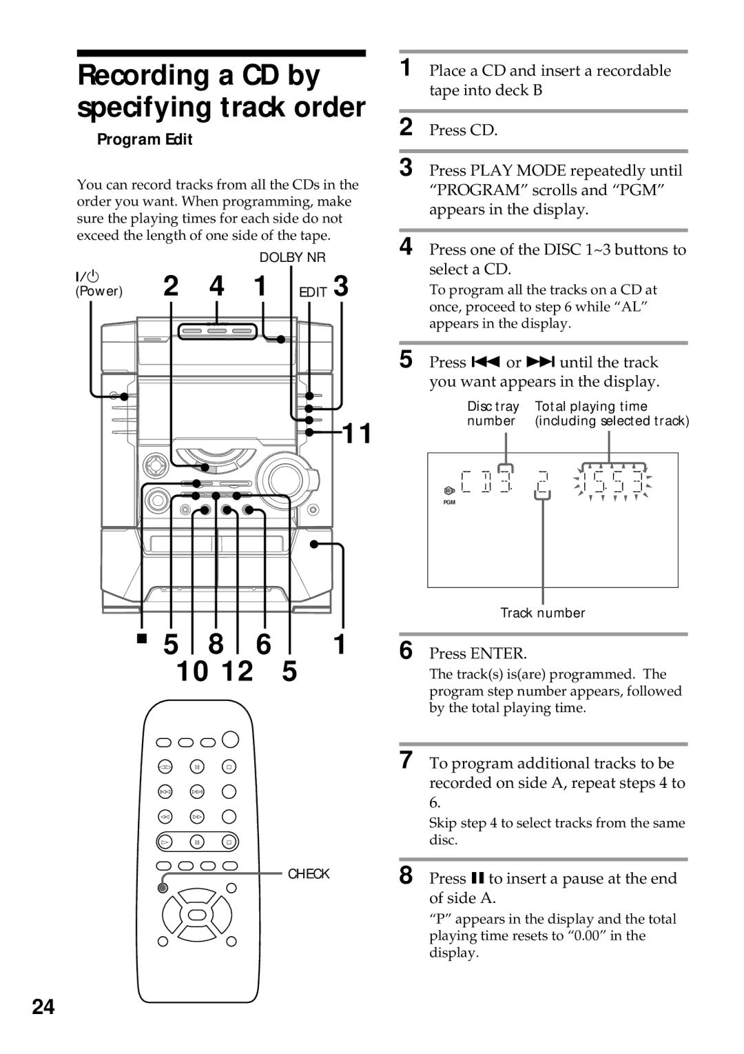 Sony MHC-BX9, MHC-DX7, MHC-DX9, MHC-DX5 manual Recording a CD by specifying track order, 8 6 10 12, Program Edit 