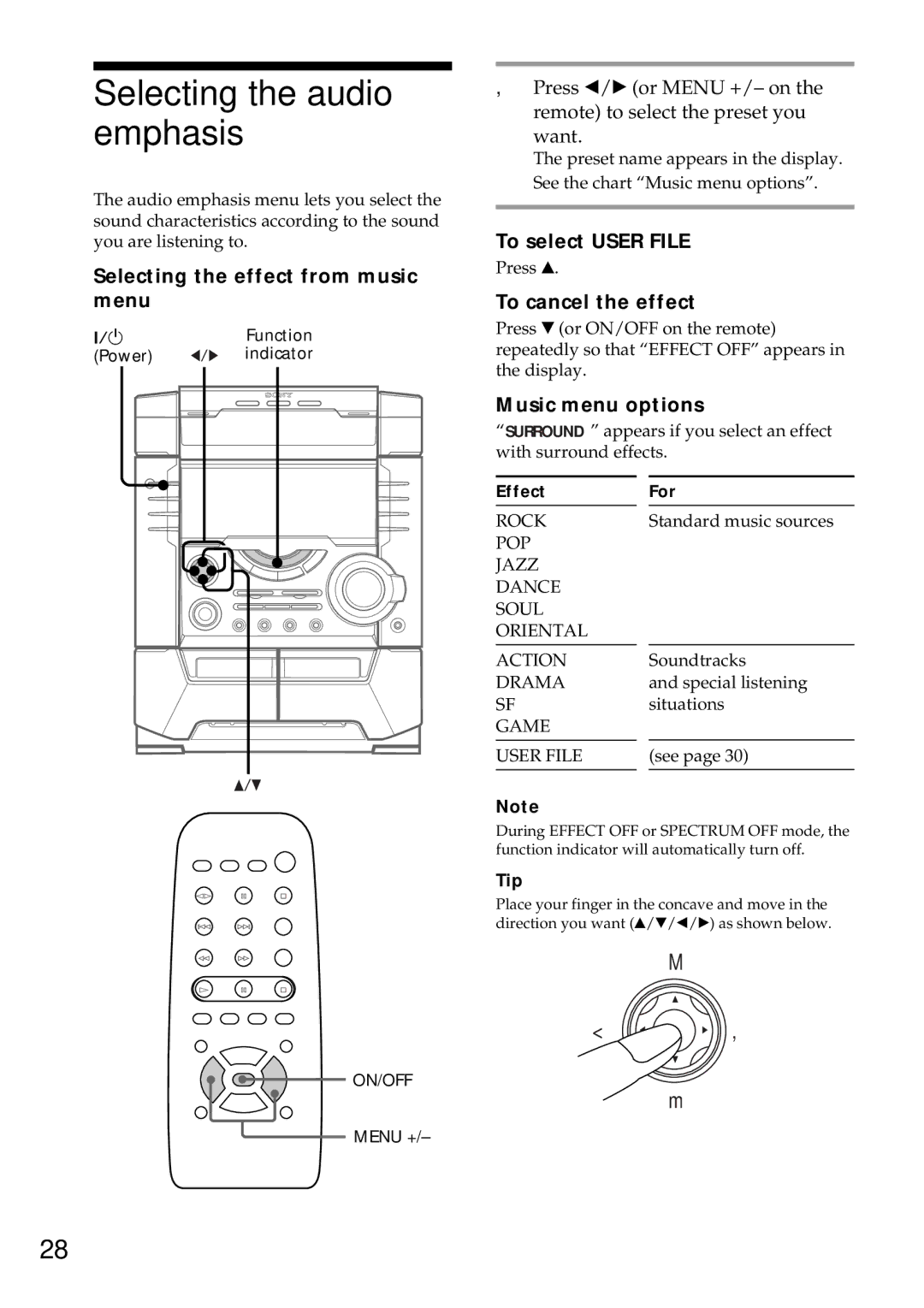 Sony MHC-BX9 Selecting the audio emphasis, Selecting the effect from music menu, To select User File, To cancel the effect 