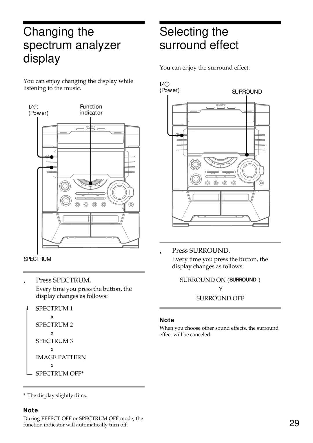 Sony MHC-DX7 manual Changing the spectrum analyzer display, Selecting the surround effect, Press Spectrum, Press Surround 