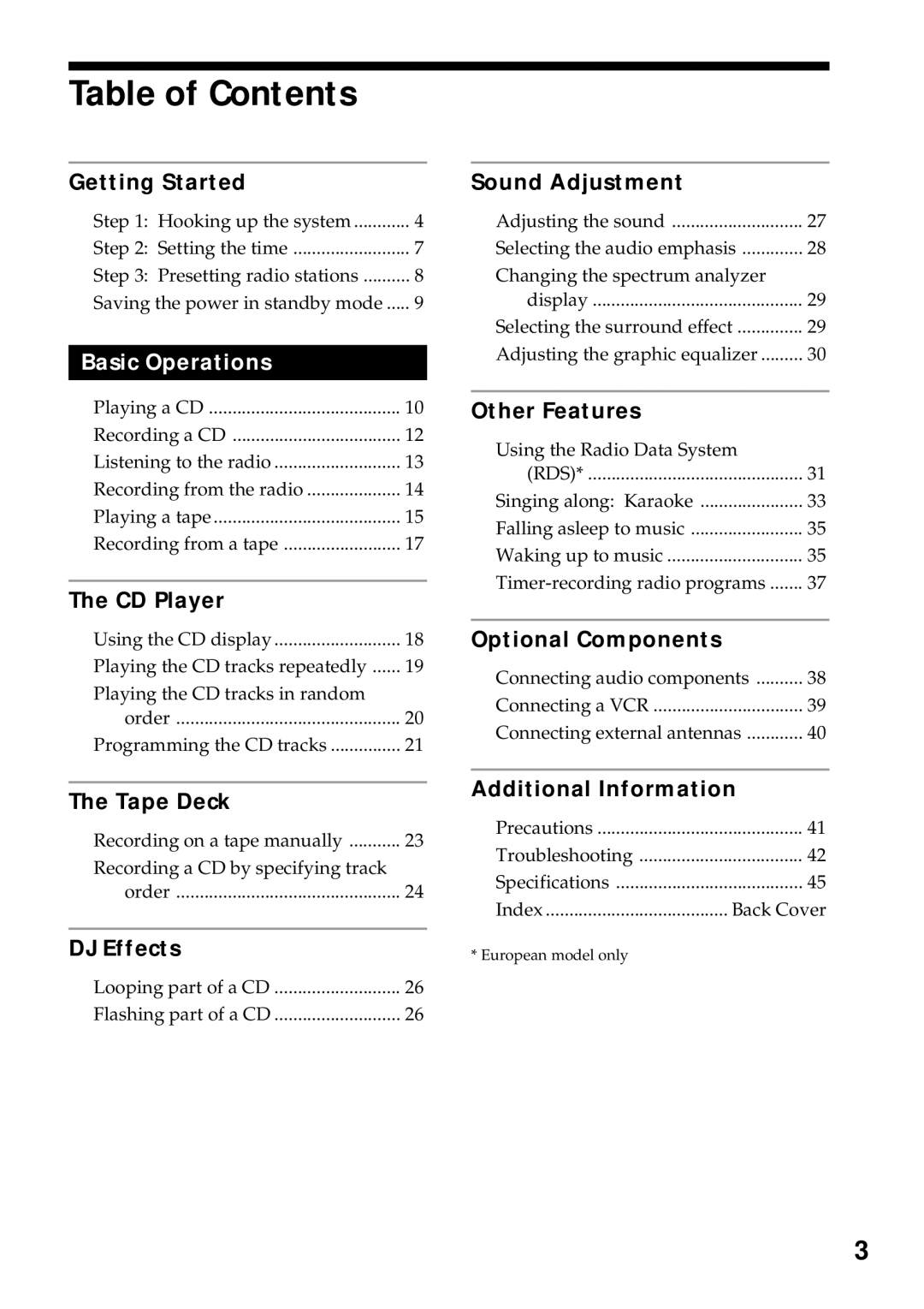 Sony MHC-DX5, MHC-BX9, MHC-DX7, MHC-DX9 manual Table of Contents 