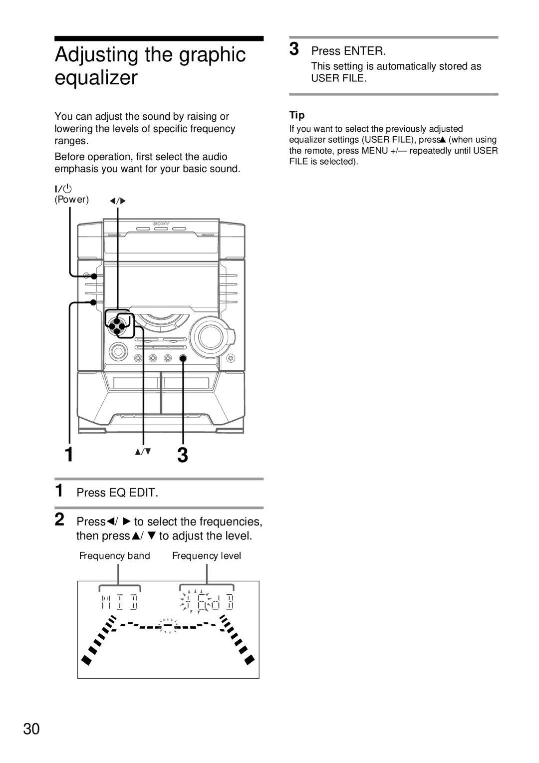 Sony MHC-DX9, MHC-BX9, MHC-DX7, MHC-DX5 manual Adjusting the graphic equalizer, Press Enter 