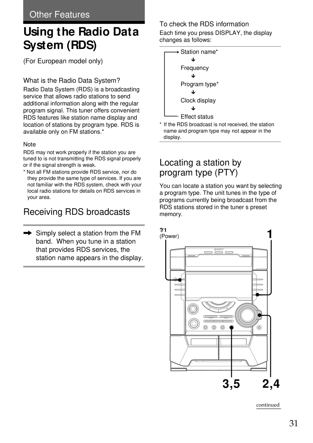 Sony MHC-DX5 manual Using the Radio Data System RDS, 2,4, Receiving RDS broadcasts, Locating a station by program type PTY 