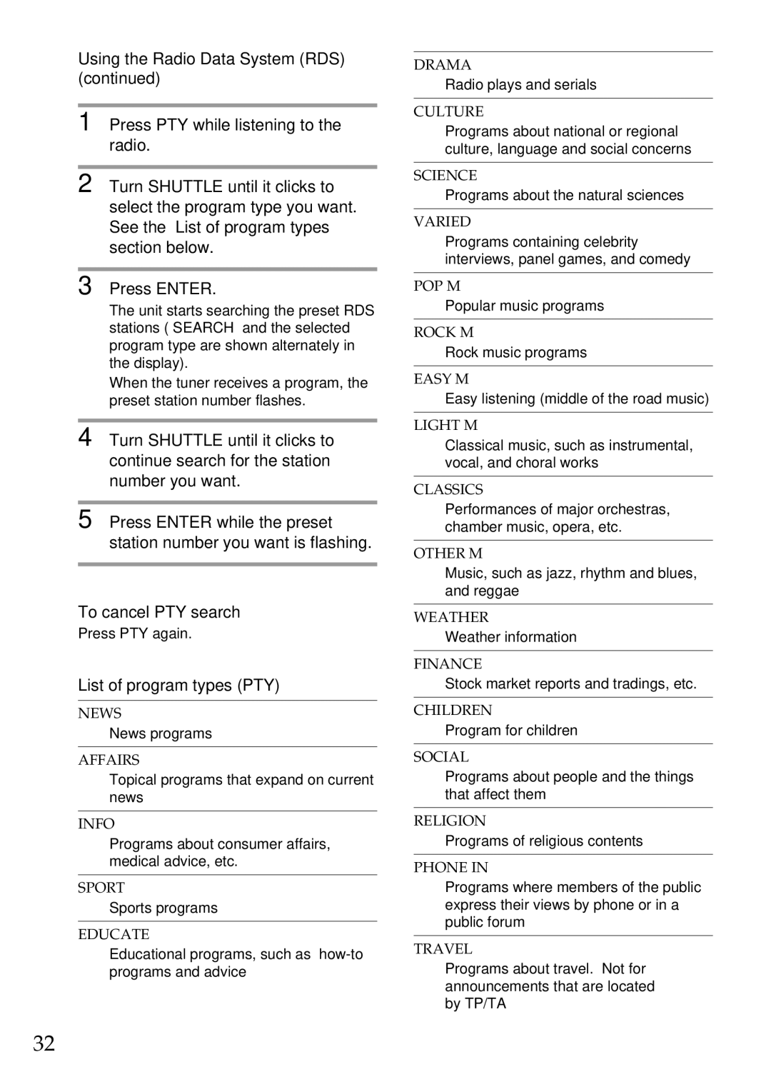 Sony MHC-BX9, MHC-DX7, MHC-DX9, MHC-DX5 Using the Radio Data System RDS, To cancel PTY search, List of program types PTY 