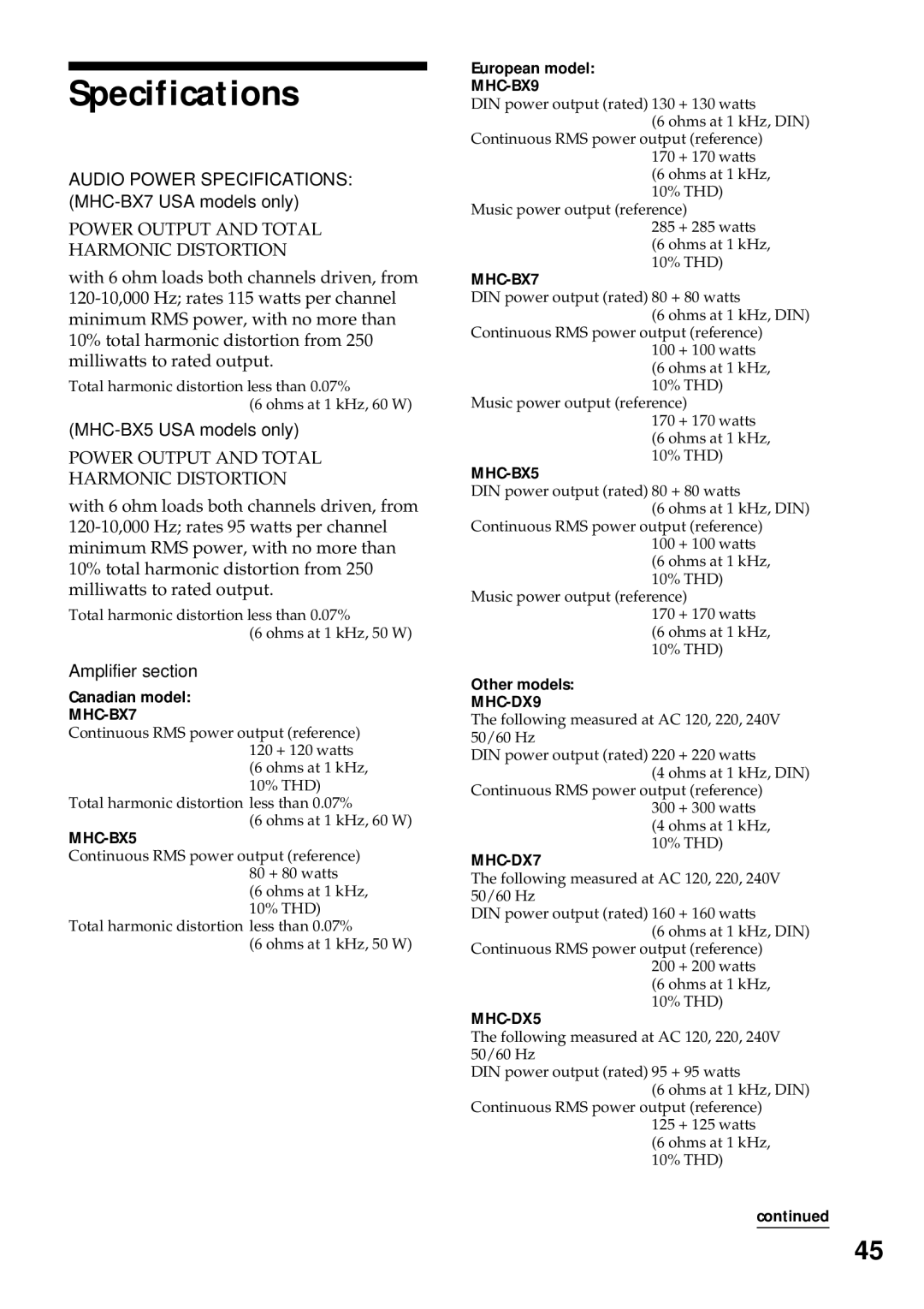 Sony MHC-DX7, MHC-BX9 Audio Power Specifications MHC-BX7 USA models only, MHC-BX5 USA models only, Amplifier section 