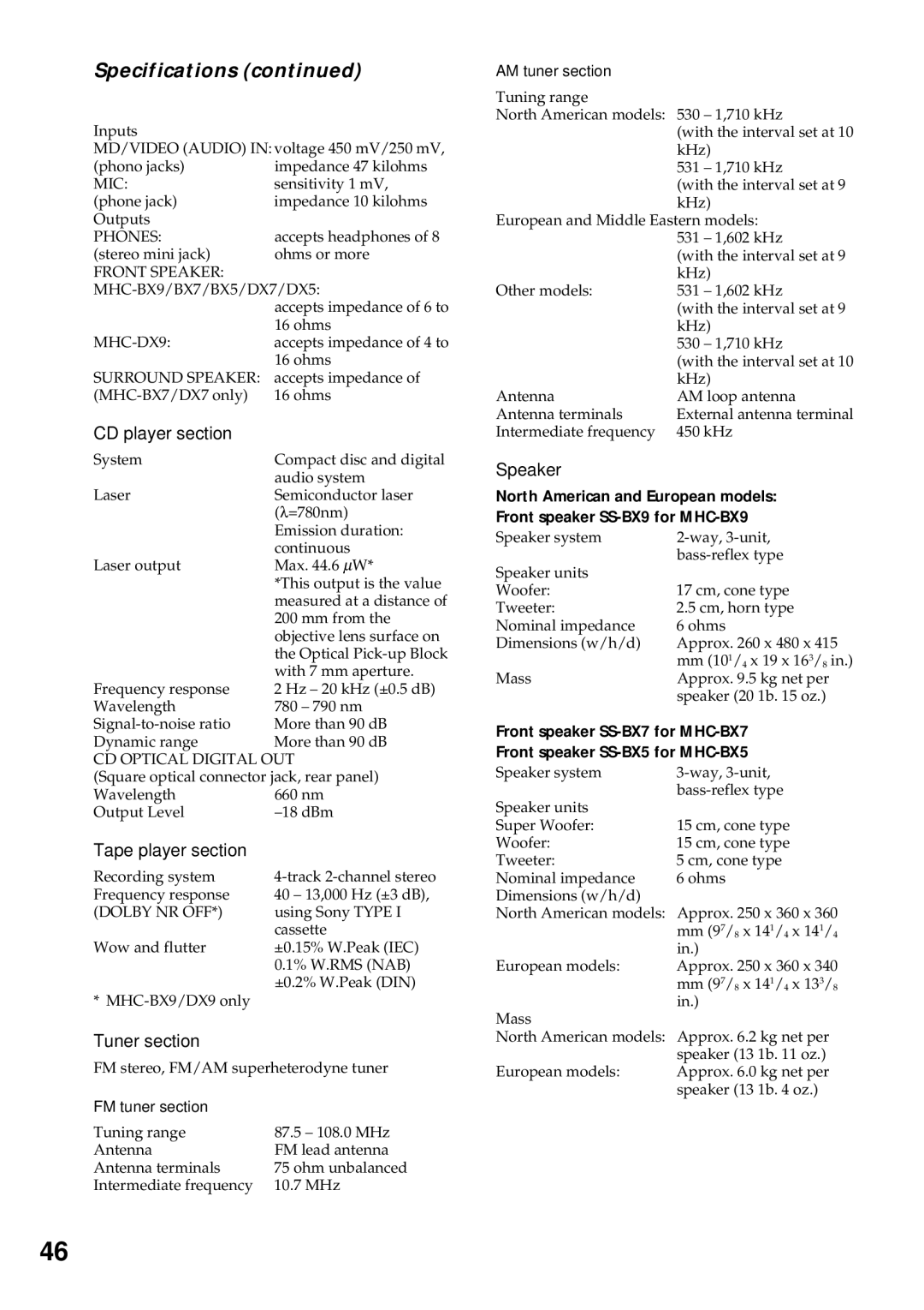 Sony MHC-DX9, MHC-BX9, MHC-DX7, MHC-DX5 manual Specifications, CD player section, Tape player section, Tuner section, Speaker 