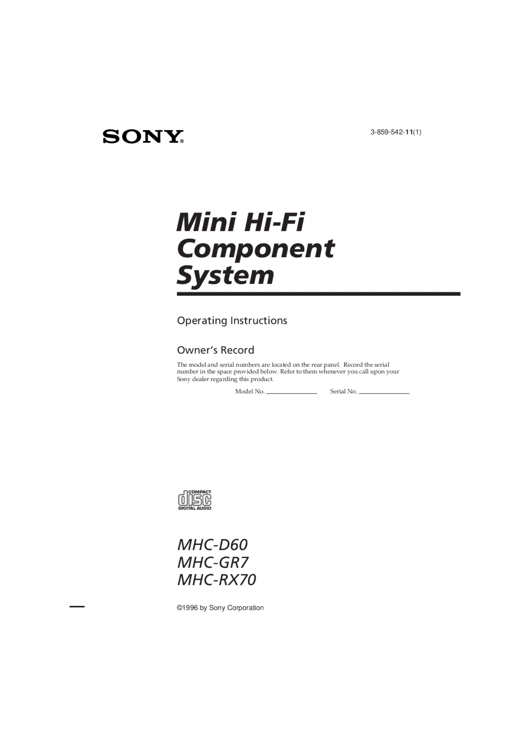 Sony MHC-D60 manual Mini Hi-Fi Component System 